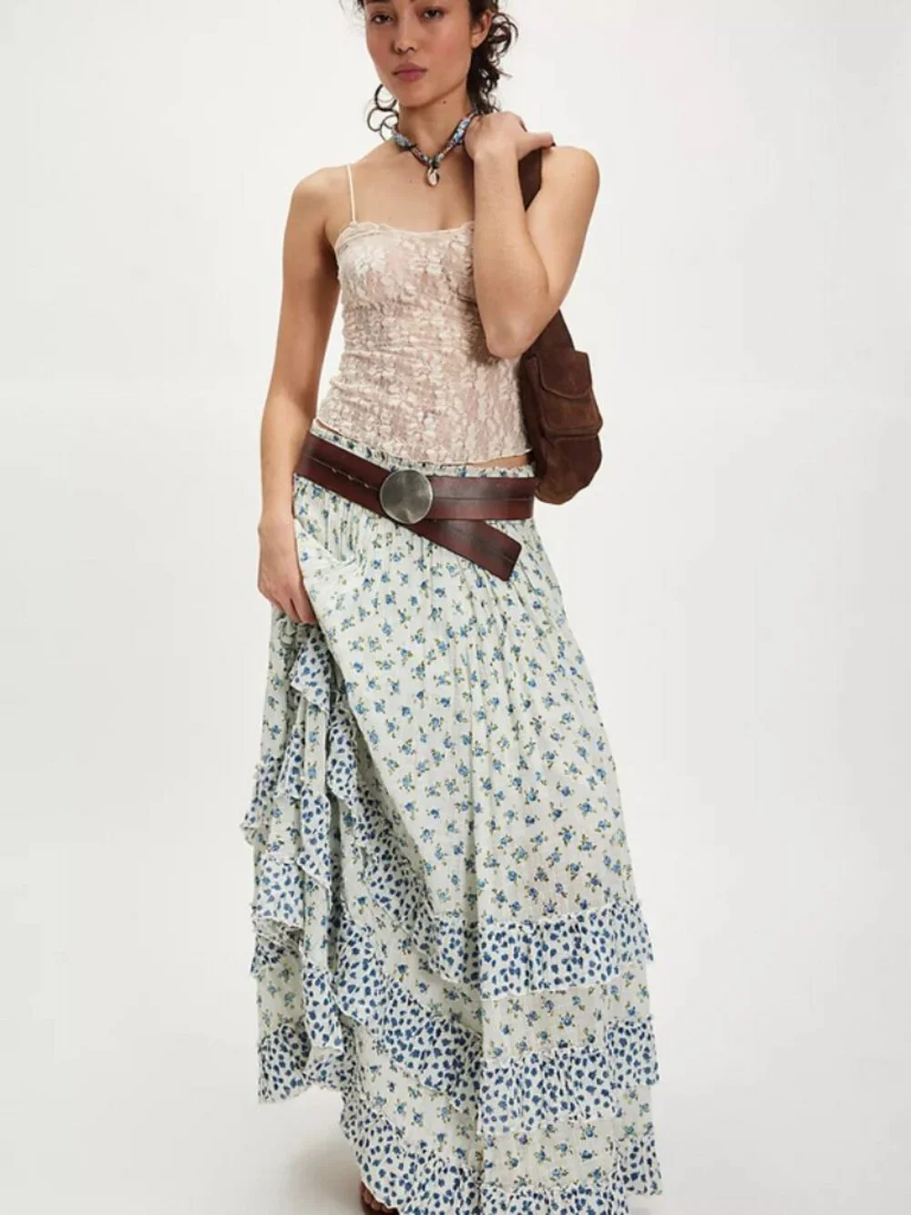 Free People Brynn Printed Maxi Skirt Smocked Tiered Ruffle Mid Rise Pull On XS